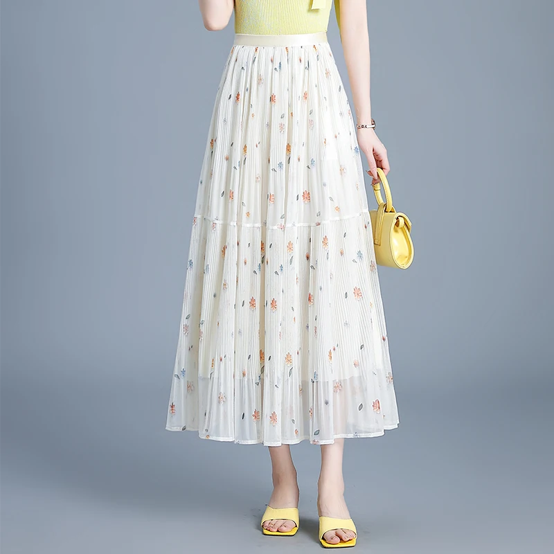 

Летняя юбка-плиссе из кружева с цветочным узором, двусторонняя, средней длины, с завышенной талией, А-силуэт, коллекция 2025