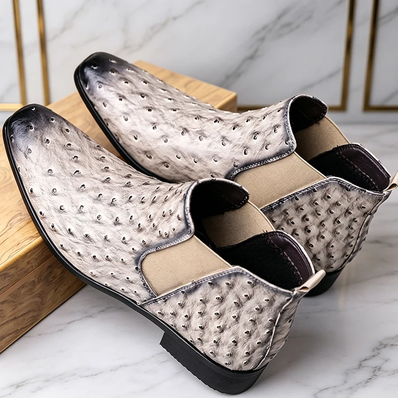 Men Chelsea Boots Imitation Ostrich Pattern Leather Pointed Toe Rubber Ankle Shoes Business Formal Wear Casual Shoes Men view 3
