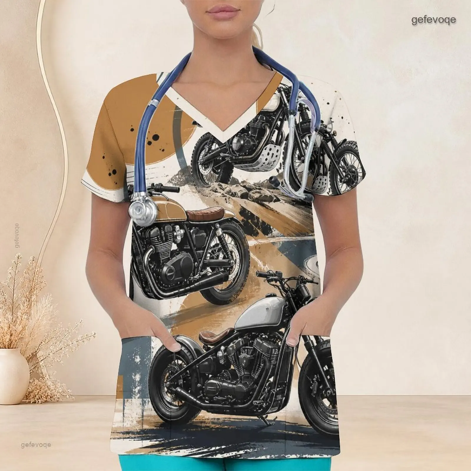 Women Vintage Motorcycle Printed V Neck Short Sleeve Scrub Top with Front Pockets