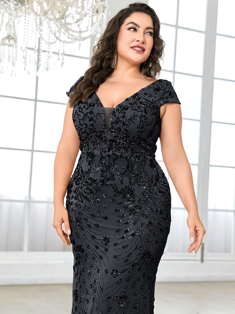 XUIBOL Plus Size  Elegant Sequin Evening Dress Long 2024 Women Mermaid Formal Deep V-neck Prom Luxury Wedding Party Dresses