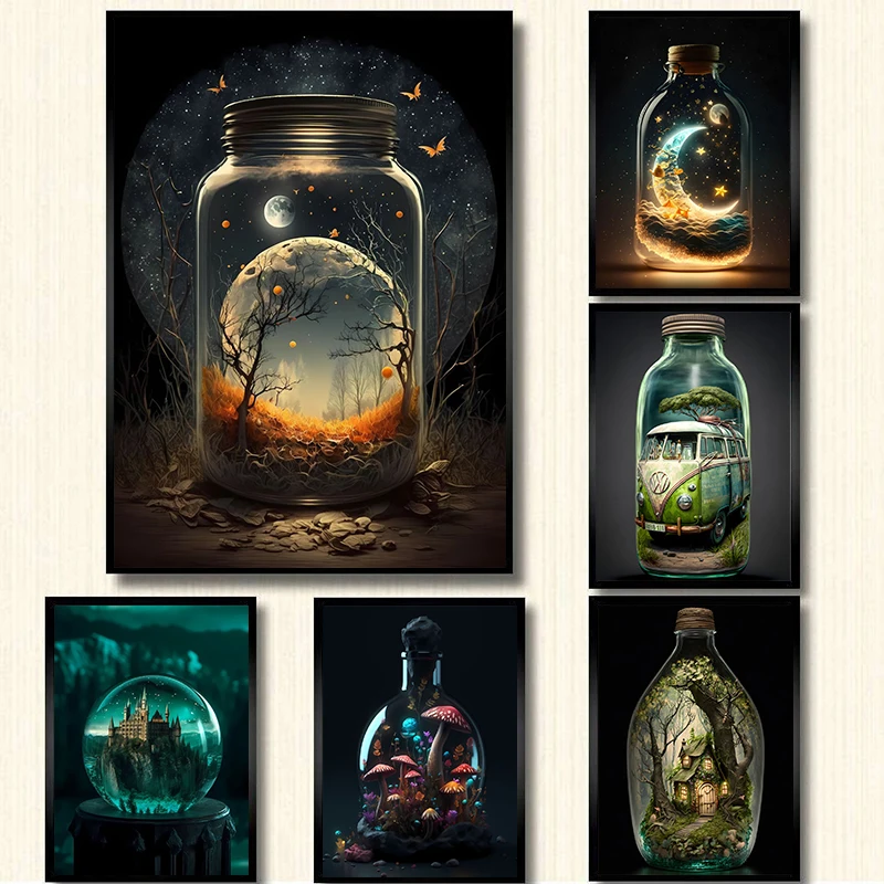 In Bottle poster Bottled World Castle Forest Beach Hot Air Balloon Canvas Printing Wall  Art Decoration Painting Home Room Decor