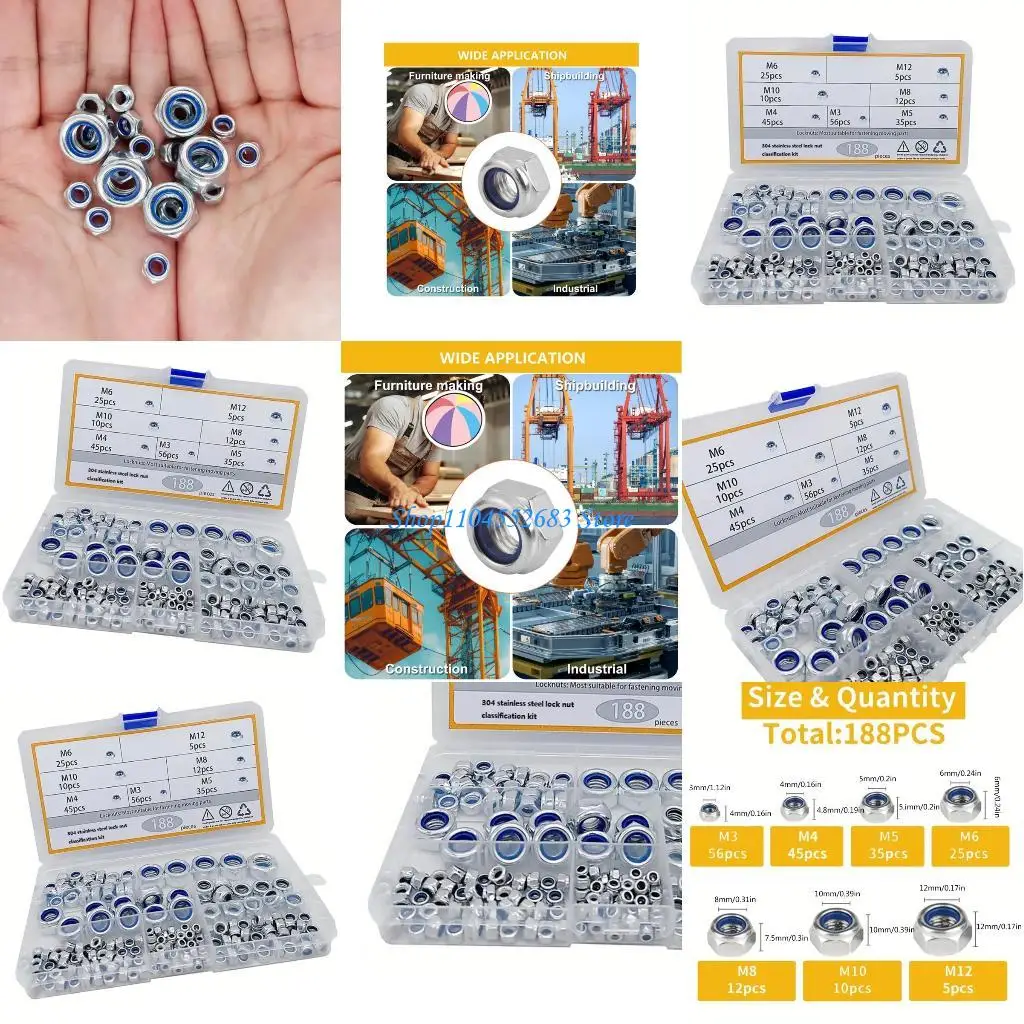 

Y6GD Nut 188pcs Steel Assortment M23 to 12MM Strong Fastener Hardware for Home