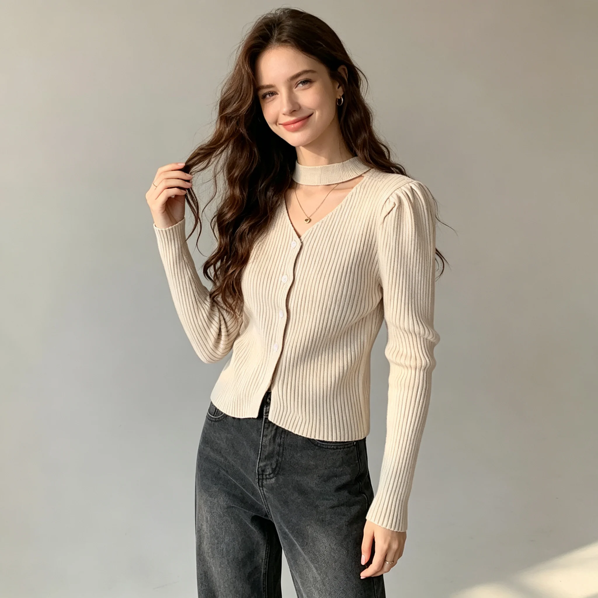 Slim Fitted Women Ribbed Knit Cardigan Choker Cut‑Out V Neck Button Front Puff Shoulder Long Sleeve Autumn Winter Casual Tops