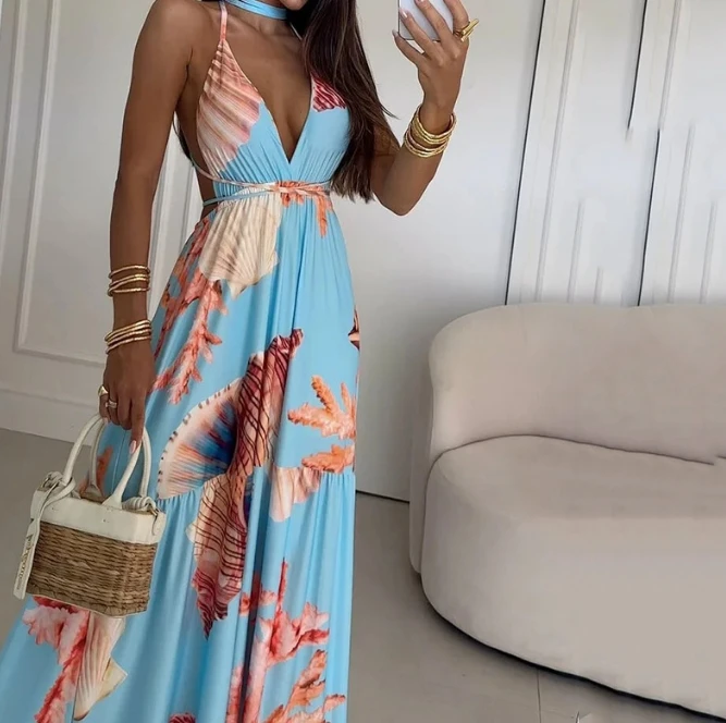 

Hot selling 2024 summer fashionable elegant dress with neck tie and marine biological print dress, shipped within 48 hours