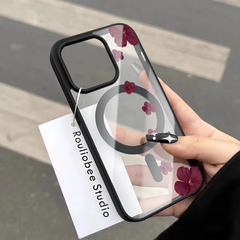 Vintage-Blumen Transparente Hülle für Magsafe iPhone 15 16 13 Pro Max 17 14 11 13 12 Pro Max Plus Hülle Magnetisches Kabelloses Laden Coque – Detail 6