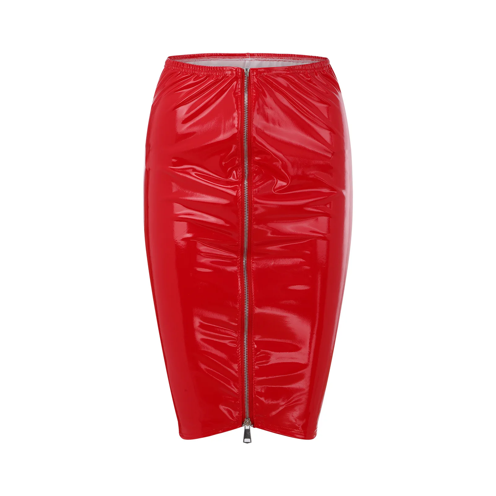 Women Lady Sexy Skirt Front/Side Zip Shiny Elastic Slim Tight Faux Leather High Waist Glossy