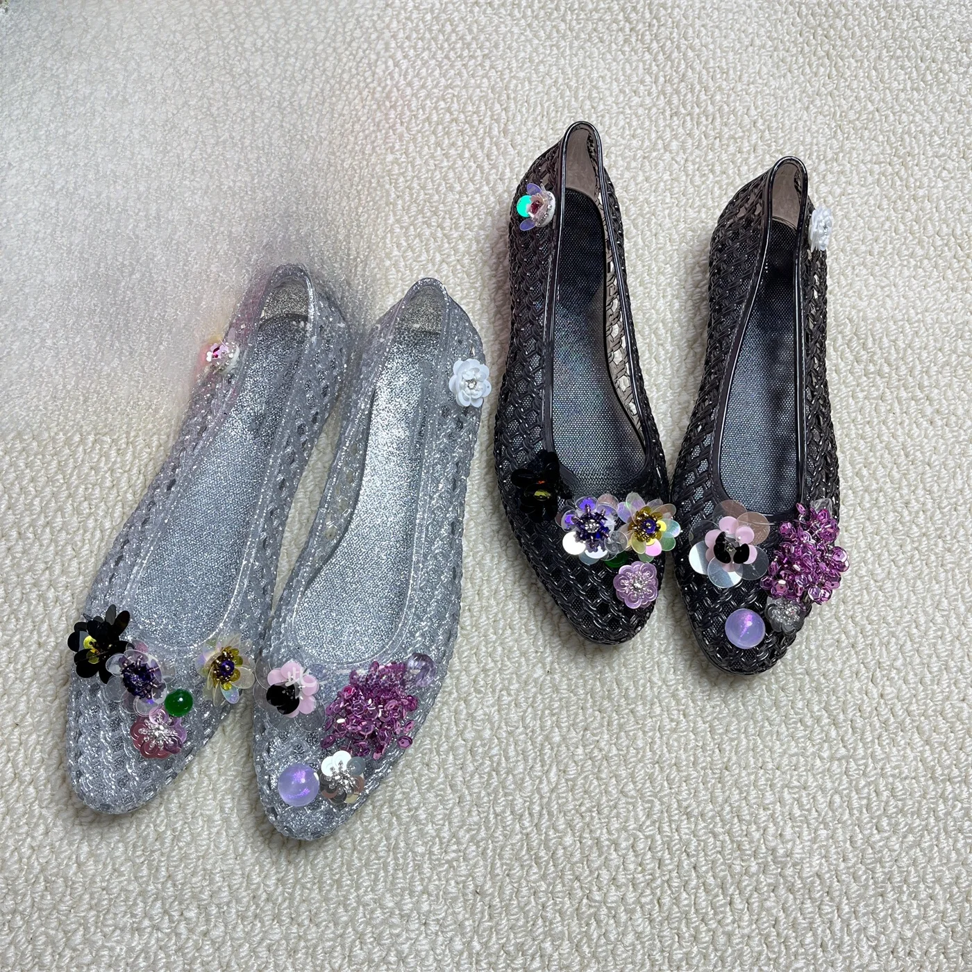 

High-Defn Hollow out Jelly Sandals Women's New Summer DIY Transparent Crystal Flat Bot Single oes Faionable Kore...