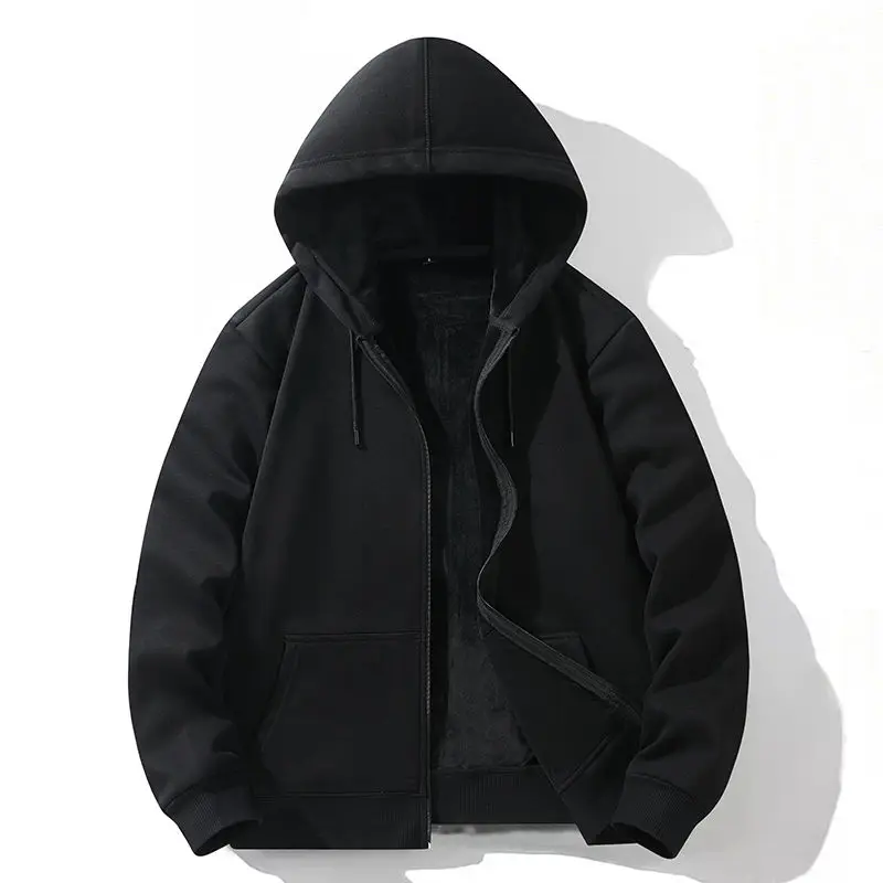 Zipper Hooded Sweatshirt Autumn Winter Fleece-lined Warm Composite Cardigan Pure Cotton Casual Men Women Base Solid Color Y2k