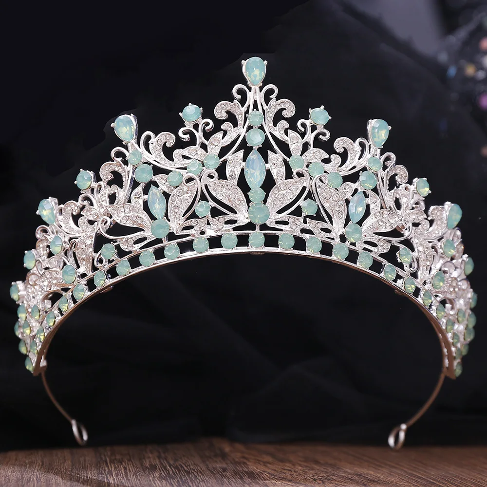 Luxury Forest Green Opal Diadem Rhinestone Crystal Tiara Bride Headdress Princess Wedding Crown Pageant Hair Jewelry Accessories