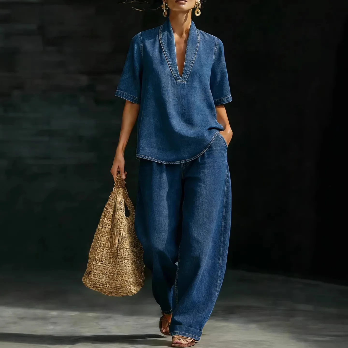 

New Women's Denim 2 Piece Outfit V-Neck Short Sleeve Loose Top Wide Leg Pants Pockets Vintage Washed Casual Summer Chic