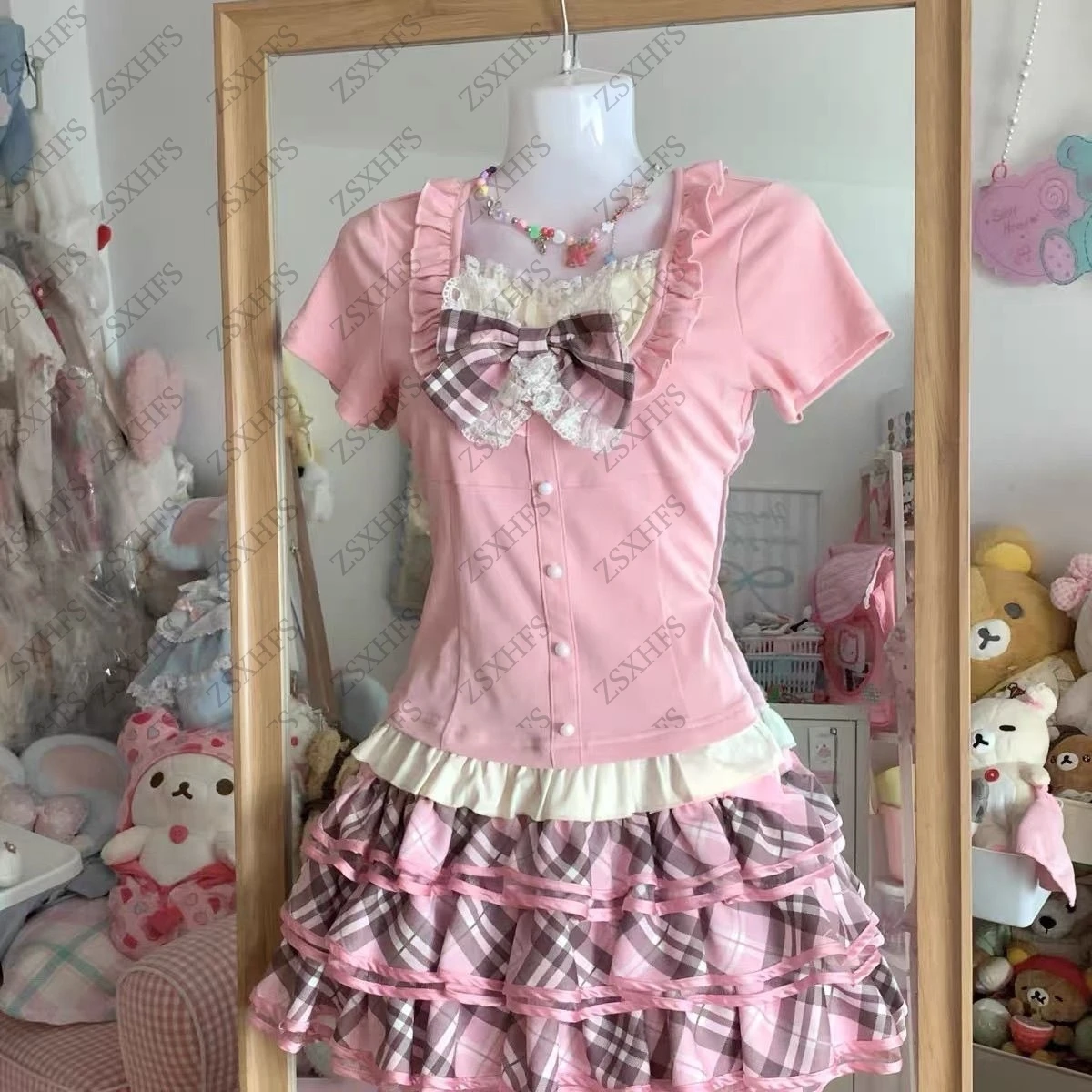 Kawaii Cute Skirts Women Clothes Sweet Japanese High Waist Aesthetic 2-piece set Y2k Lolita Mini Skirts Girl Summer Short Skirt