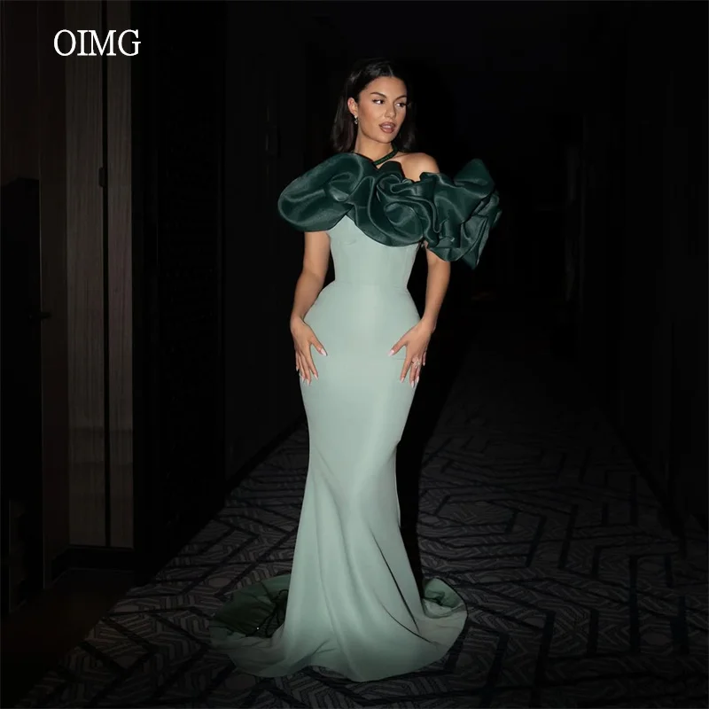 

OIMG Contrast Color Mermaid Prom Gowns Off The Shoulder Pleated Party Gown Floor Length Evening Dress Customized