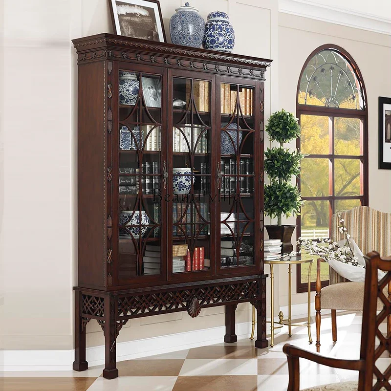 

yj19 American retro old three-door solid wood bookcase home display cabinet