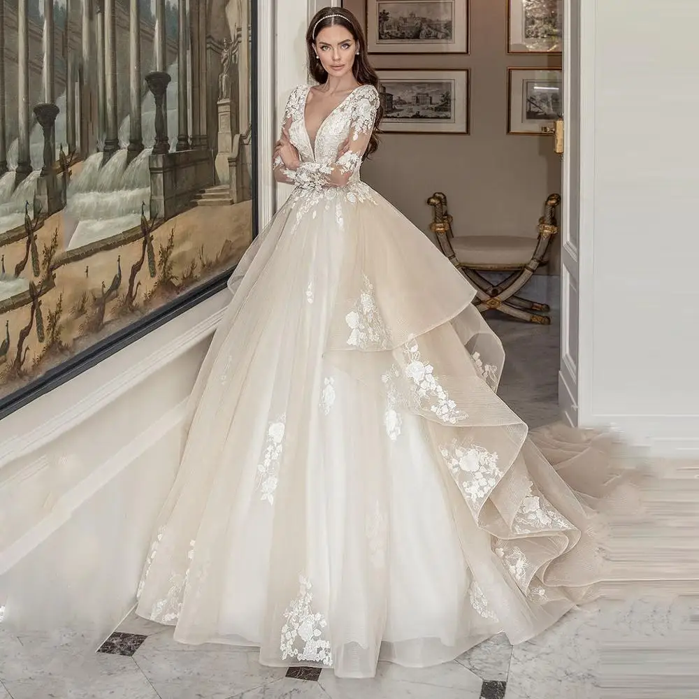 Elegante Champagner Brautkleider V-Ausschnitt eine Linie Langarm Brautkleider Tüll Spitze Applikationen Vestido de Novia