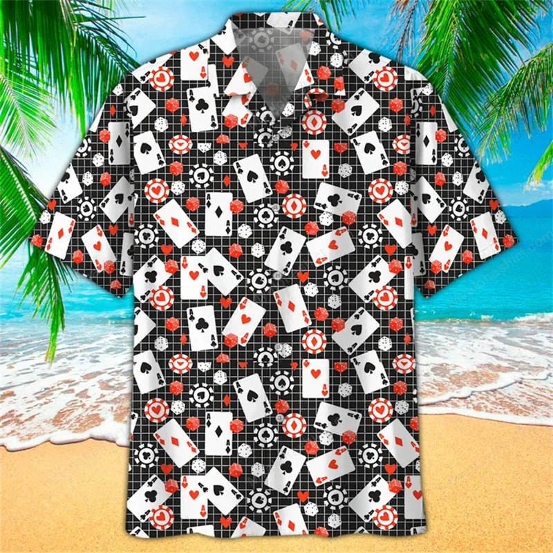 Camisa havaiana masculina padrão pôquer, manga curta lapela, camisas estampadas em 3D, streetwear verão, blusa casual extragrande, tendência da moda