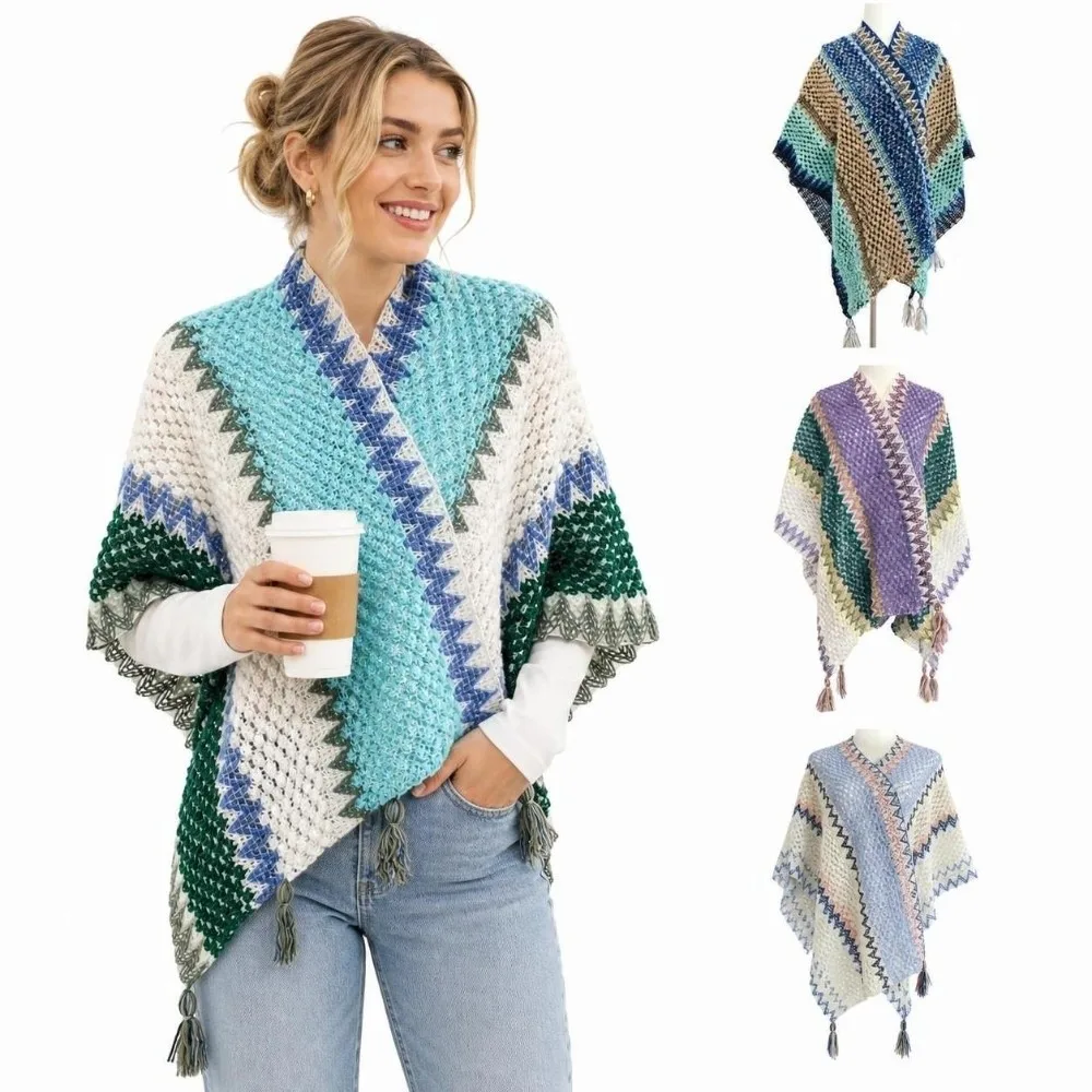 Vintage Color-block Striped Bohemian Knit Poncho Tassel Ethnic Boho Tassel Poncho Pullover Boho Travel Outfit Coverup For Women