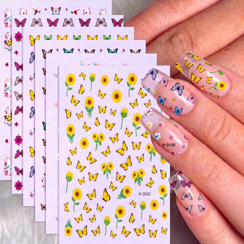 6pcs Multiple Styles Butterfly & Floral Nail Decals Colorful Butterfly Nail Stickers for Acrylic Nails, Gel Nails, Party & Daily