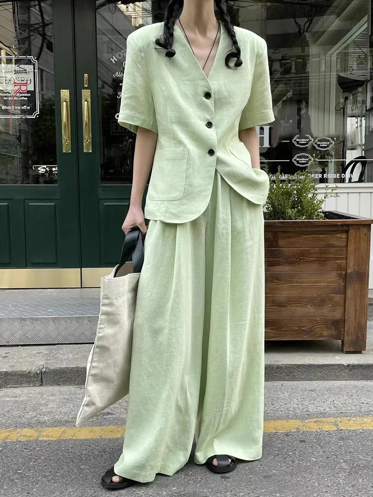 

[LANMREM] Minimalism Linen 2 Piece Set Women's V Neck Short Sleeve Loose Blazers High Waist Wide Leg Pants 2024 Summer New