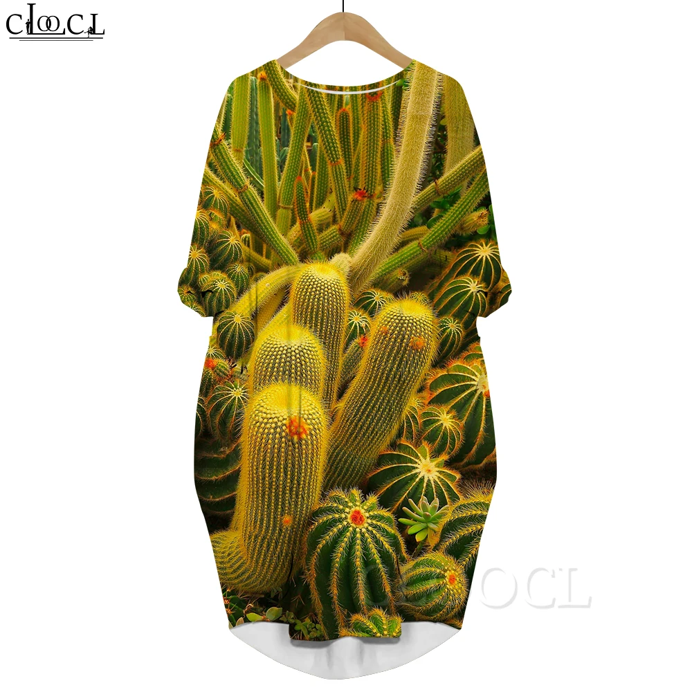 

CLOOCL Autumn Casual Dress Green Plant Pattern 3D Printed Loose Long Sleeves Dress with Pocket Female Clothes Harajuku Style