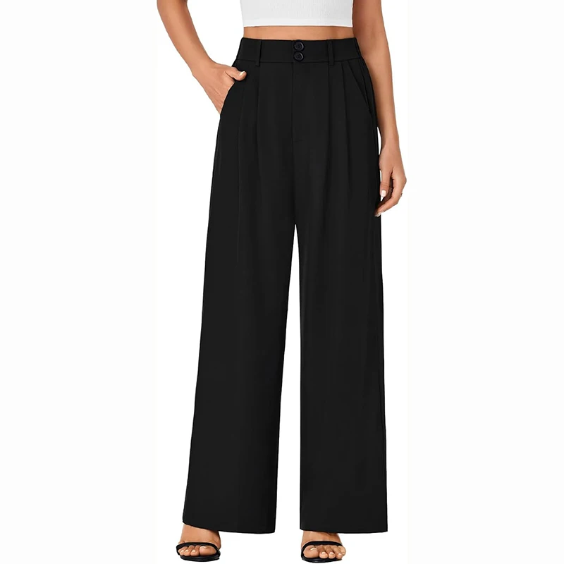 

New Spring Women Solid Casual Suit Pants Lady Fashion Double Button Straight Leg Trousers Girls All Match Work High Waist Slacks