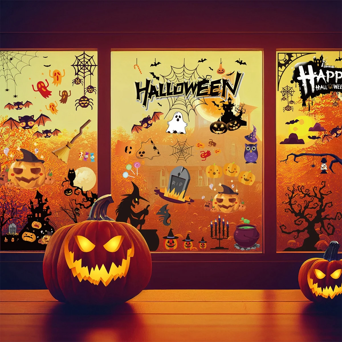 Halloween Window Stickers Happy Halloween Party Decoration For Home 2024 Trick Or Treat Pumpkin Bat Ghost Horror Party Supplies