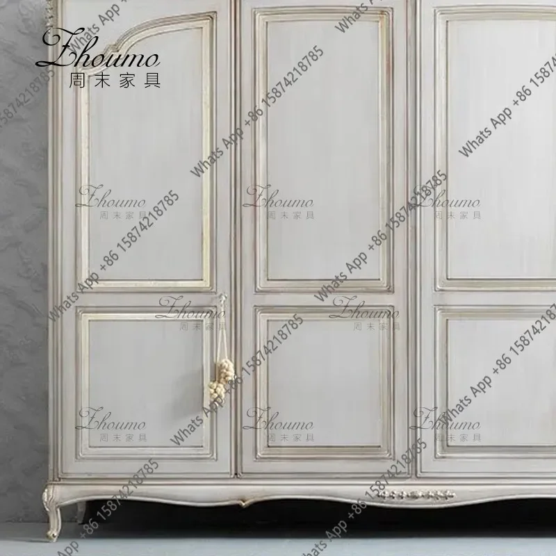 LlFrench Light Luxury Four-door Wardrobe Antique White Carved Solid Wood Independent Wardrobe Neoclassical Master Bedroom Wardro