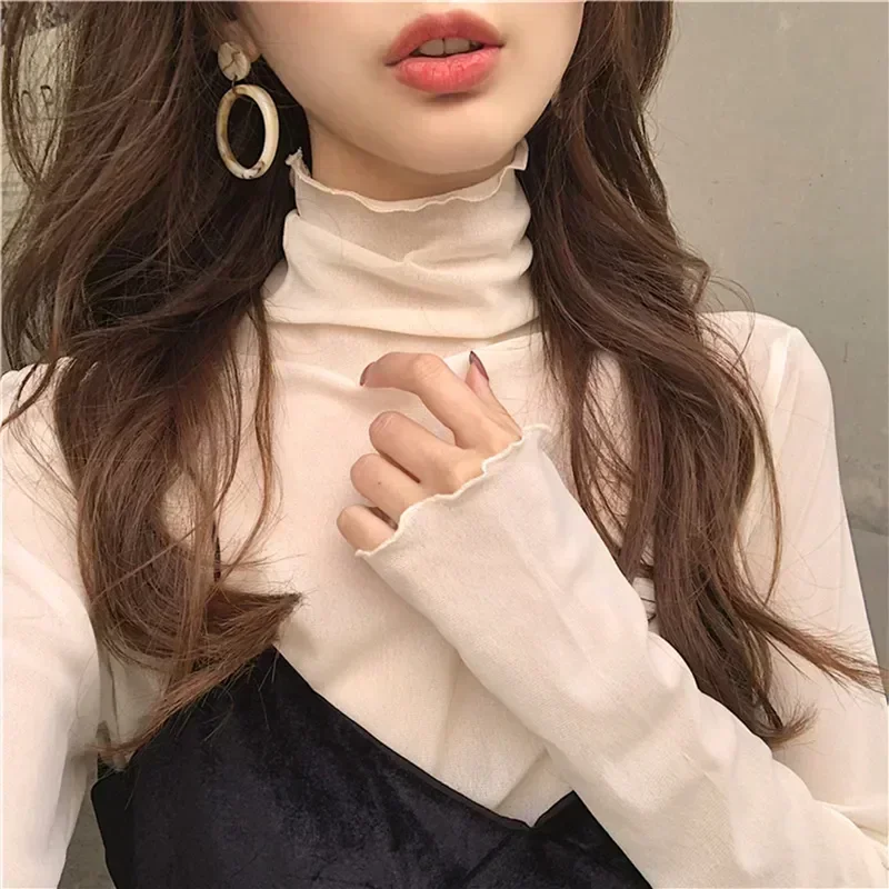 High Neck Sheer Mesh Top Women Clothing Long Sleeve Turtleneck T-shirt Korean Sexy See Through Black White Pink Purple Shirt New