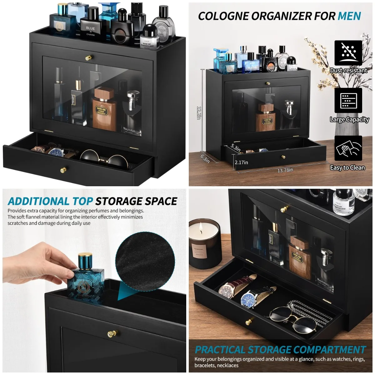 

Деревянный органайзер для духов для мужчин, бархатный ящик, пылезащитная подставка для хранения — черный