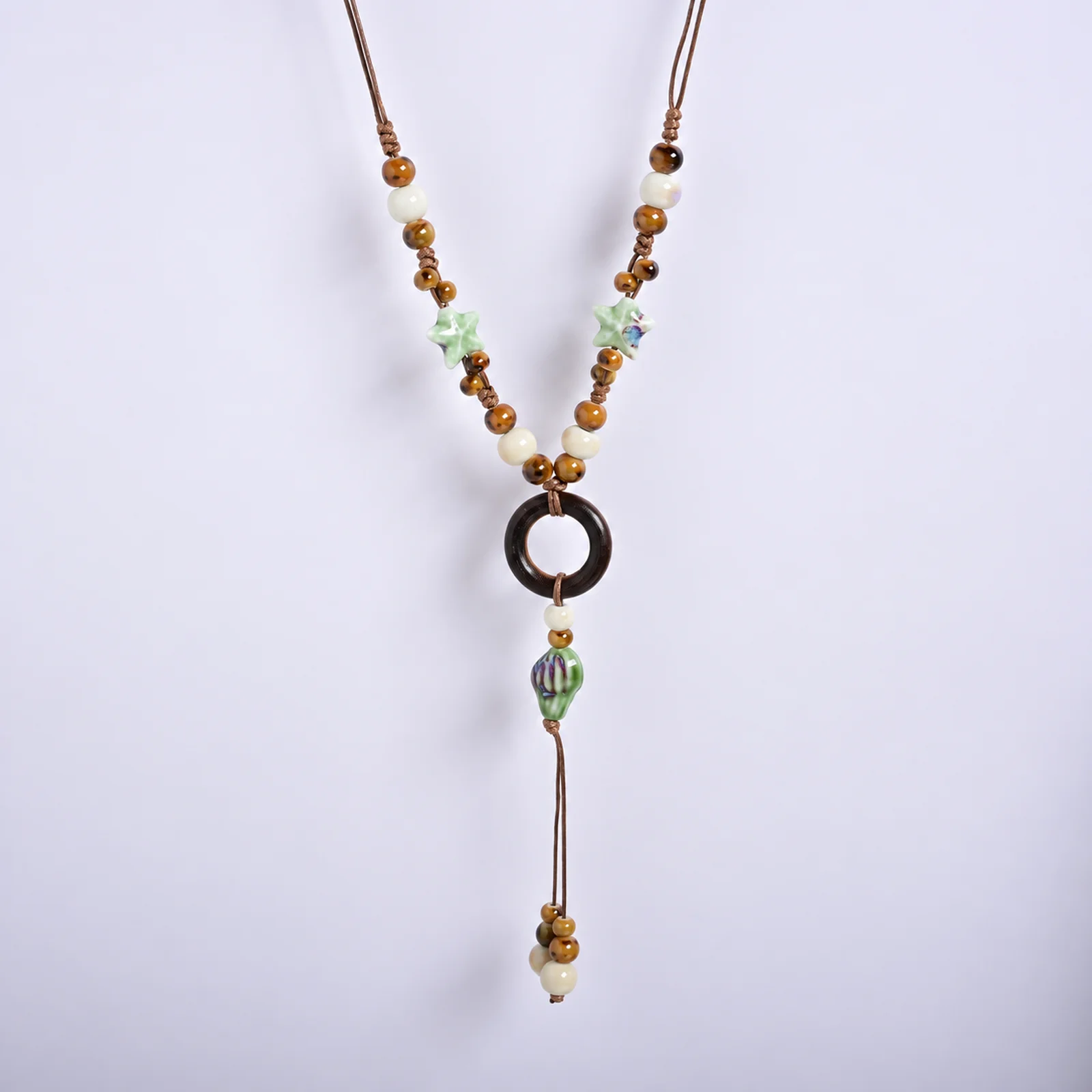 Handmade Ceramic Necklace with Braided Wax Cord Wooden Ring and Conch Bead Pendant Artisan Jewelry (101 Chars) 609P5-01