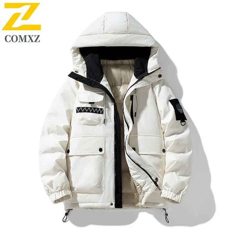 COMXZ ​Men Solid Color Hooded Cotton Jacket American Style  Winter Loose Fit Casual Warm Coat Windproof Thickened Outdoor Parka​