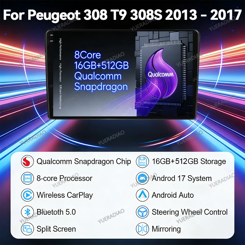 Android 17 Car Radio For Peugeot 308 T9 308S 2013 - 2017 Head Unit BT Qualcomm 4G WIFI Multimedia Video Player GPS NAVI 2DIN