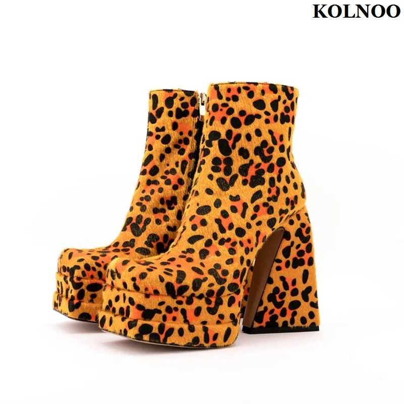 

KOLNOO Handmade New Arrival Womens Chunky Heels Ankle Boots Leopard Leather Platfrom Winter Booties Evening Fashion Party Shoes