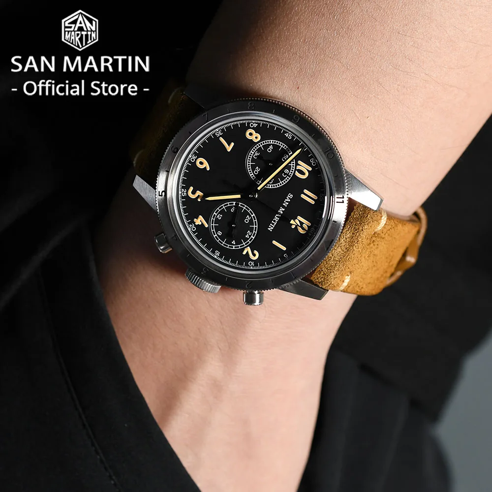 San Martin Vintage Men Quartz Watch Pilot VK64 Chronograph Watches