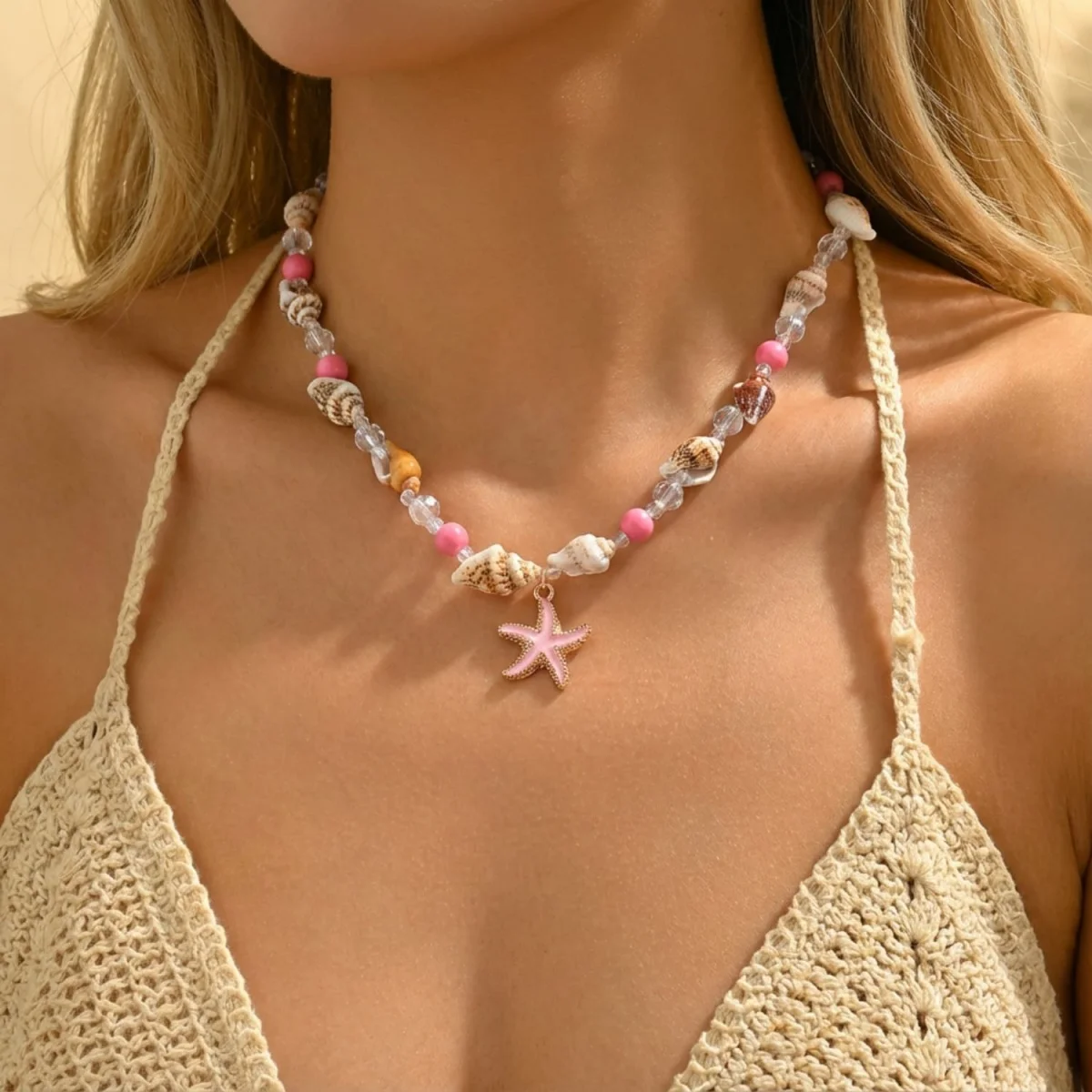 Metall-Seestern-Muschel-Anhänger-Halskette für Damen und Herren, Kristall-Reisperlen-Choker, Bohemian-Strandurlaub, Sommerparty-Schmuck – Detail 19