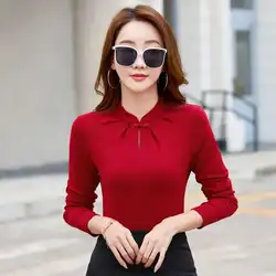 #0612 Autumn Winter Vintage Short T Shirt Women Stand Collar Hollow Out Chinese Style Long Sleeve T Shirt Thick Warm Solid Color