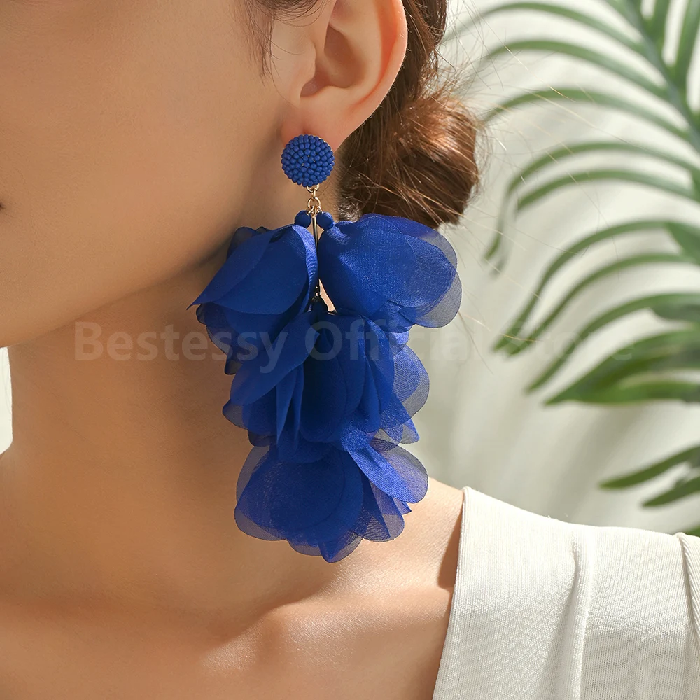 Bohemian Handmade Women's Fabric Flower Petal Long Tassel Earrings for Party Prom Beach Vacation Jewelry Romantic and Sweet