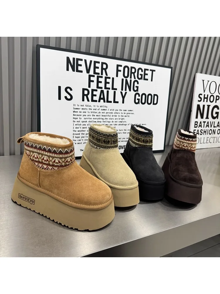 

Women's Thi Bot 6cm National Sle Snow Boots Winter Warm Cotton oes Woolen Tube High Heel ort Boots Korean Sle