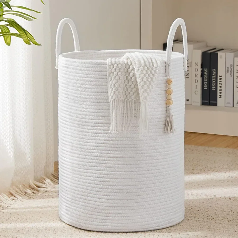 Large Storage Basket Tall Woven Decorative Laundry Hamper with Handles Foldable Cotton Rope for Clothes Kids Toys Living Room