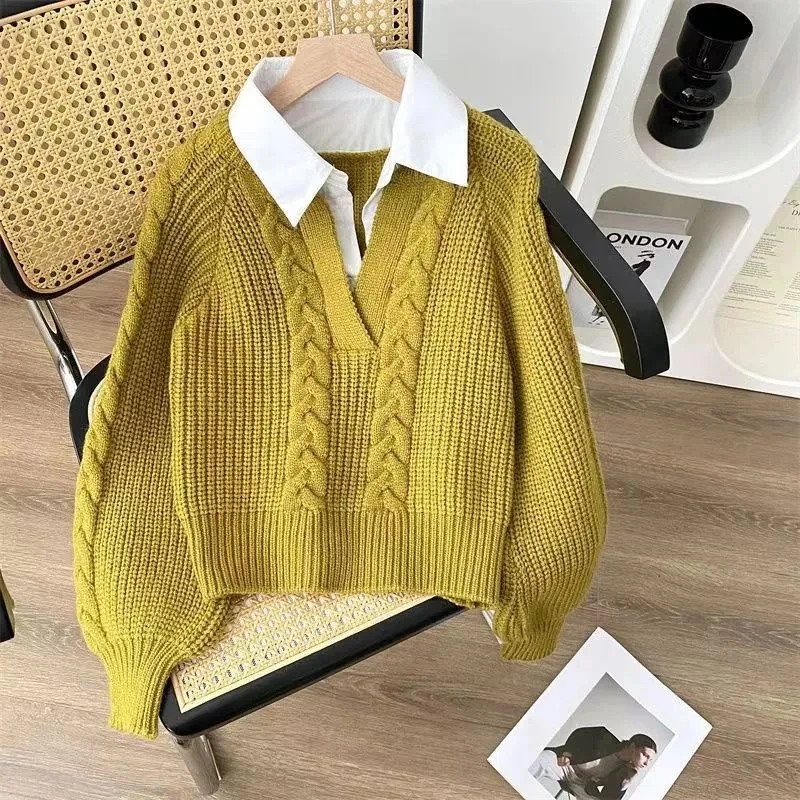 Loose Fake Two Sweaters Knitted Coat Female Casual Ladies Autumn Winter Temperament Pullover Sweater Jacket Women