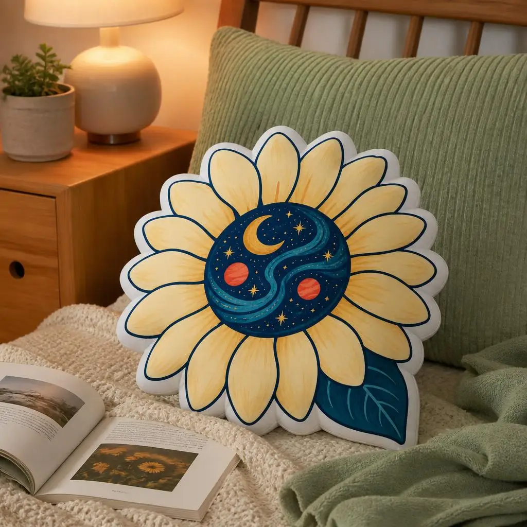 Celestial Sunflower Throw Pillow Moon and Stars Floral Cushion Shaped Decorative Pillow for Sofa Bedroom Space Decor Gift