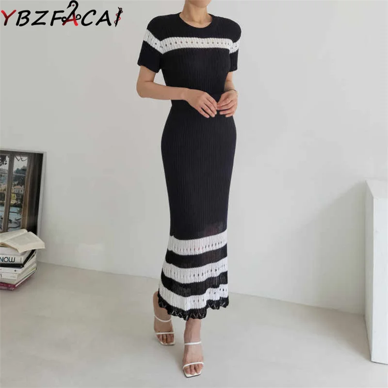 Light Luxury Positioning Dress 2022 Summer Short Sleeved Knitted Skirt Suit Korean Striped Hollow Knit Top High Waist Skirt Suit