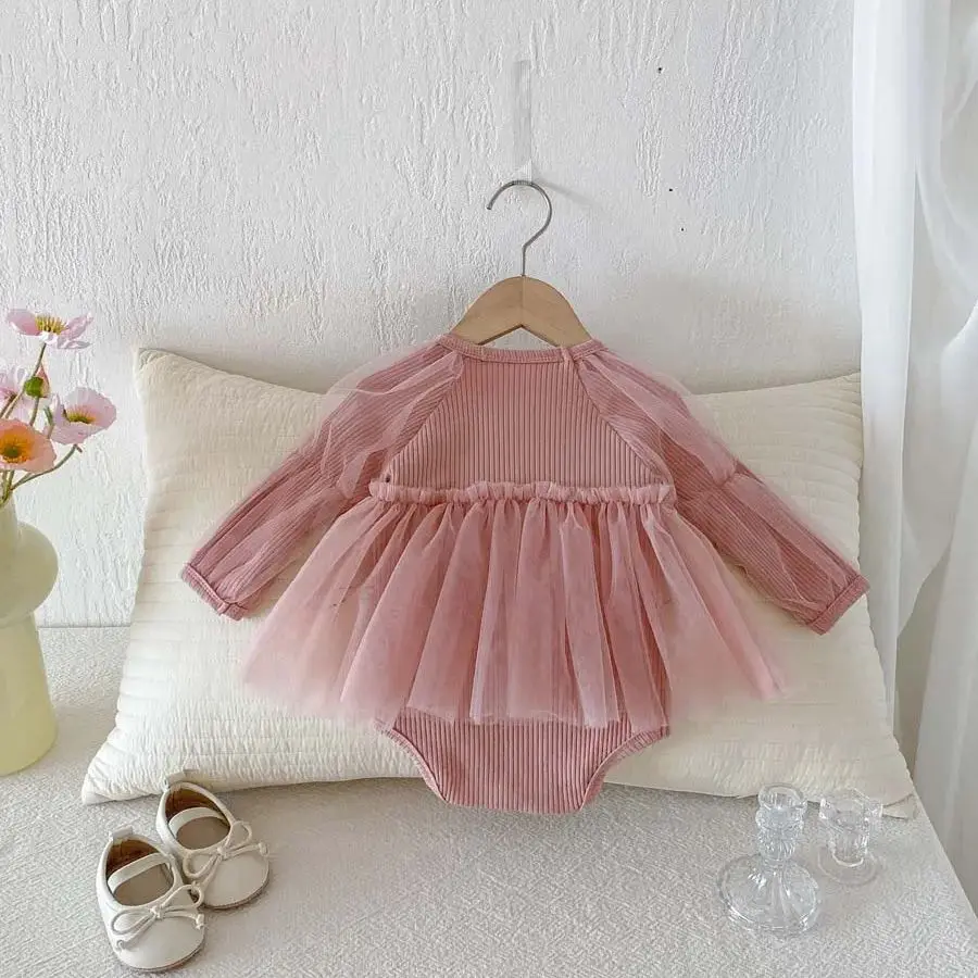 Spring and Autumn Baby Girl Fashion Solid Color Mesh Bubble Long Sleeve Dress, Baby Girl Comfortable and Sweet Mesh Dress, Suit