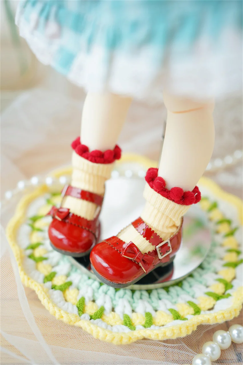 BJDドールシューズ 1/6 ガールズ ラウンドトゥ サイドリボン 光沢 レッド ピンク ホワイト 木目底 小さな革靴 ギフト ドールアクセサリー