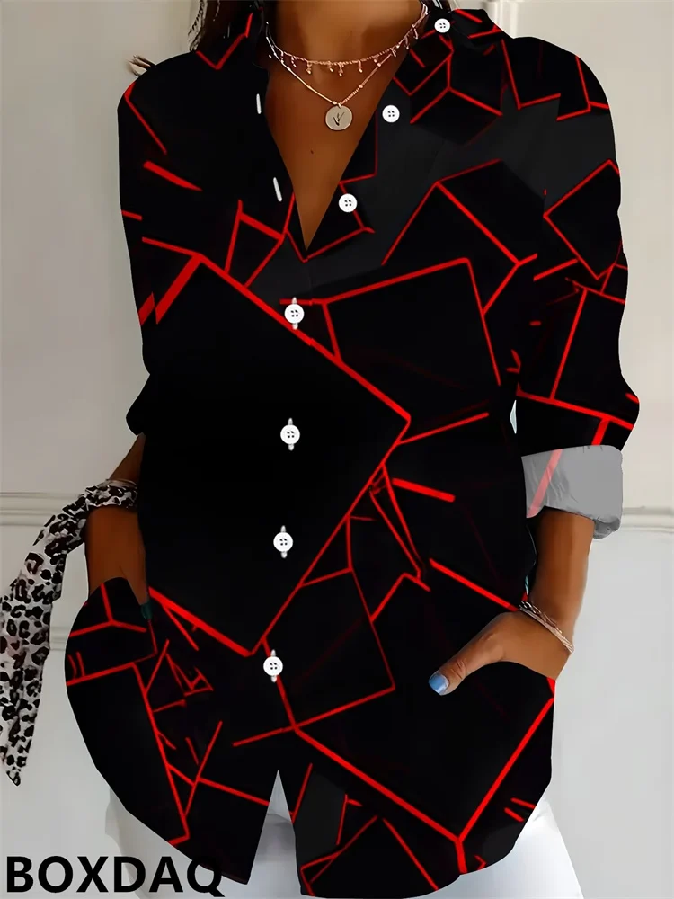 Autumn Geometric Gradient Stripe Pattern Printed Blouse For Women's Casual Long Sleeve Collar Button Loose Comfortable Shirts