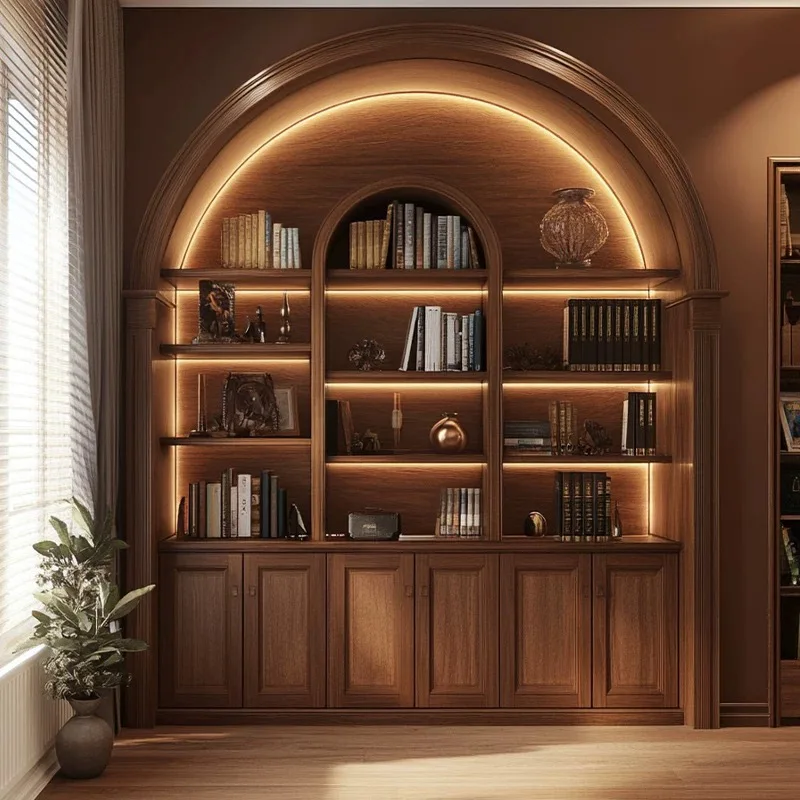 

French retro solid wood bookcase, antique living room integrated whole wall storage, American ligh