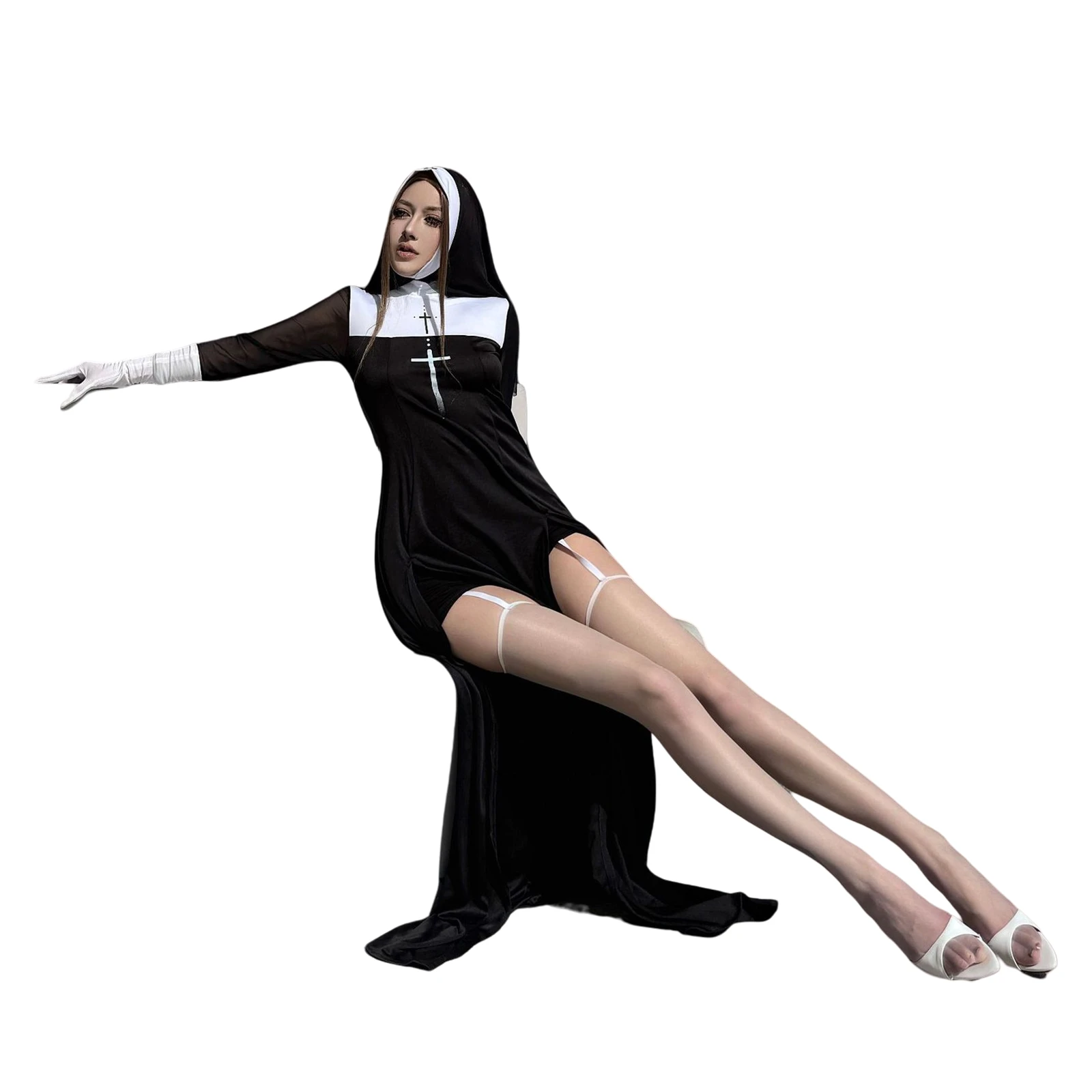 Sexy Nun Costume For Women Gothic Black Lace Dress With Nun Hat Halloween Carnival Carnival Party Uniform