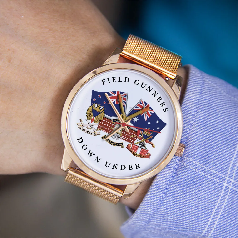 Orologio unisex Union Jack con design Gunners archiviato da 45/38 mm, cinturino in acciaio inossidabile con souvenir regalo in oro rosa nero argento