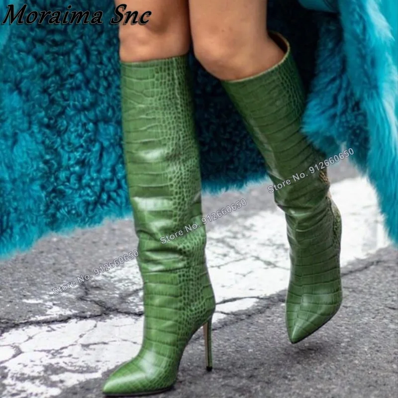 

Moraima Snc Green Slip on Alligator Print Boots for Women Pointed Toe Knee High Boots Stilettos High Heels Runway Shoes on Heel