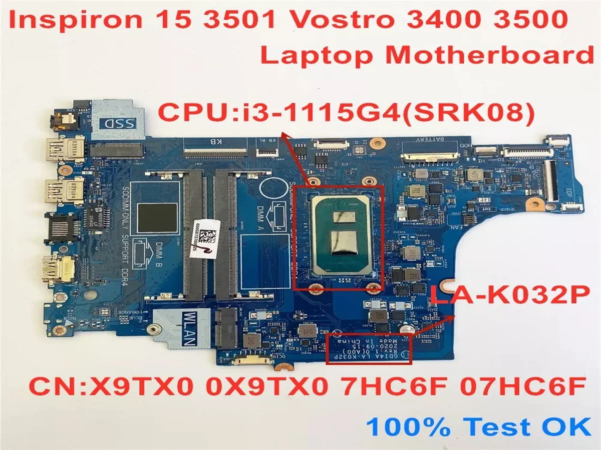 

X9TX0 0X9TX0 For DELL VOSTRO 3400 3500 INSPIRON 15 Laptop Motherboard i3-1115G4 100% Full Teste