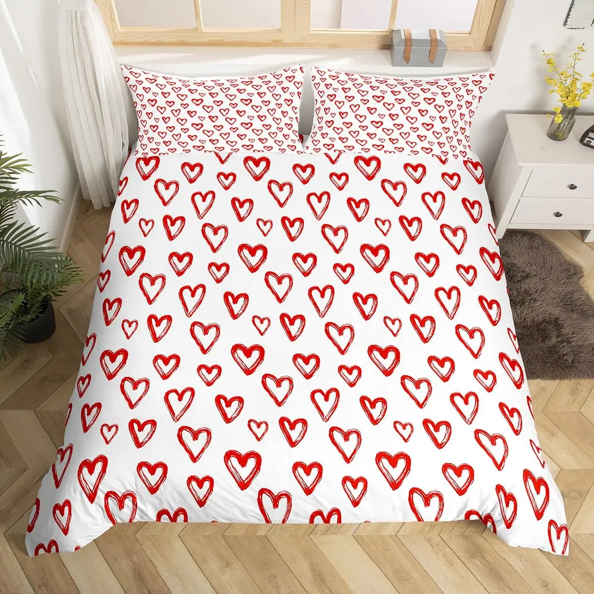 Red Heart Love Bedding Set Geometry Love Pattern Duvet Cover Full Size Romantic Comforter Cover Set Valentine's Day Quilt Cover